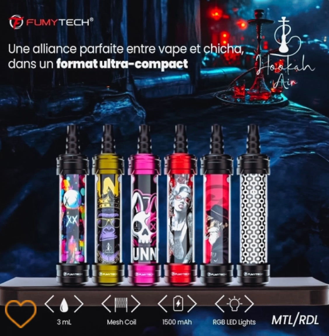 E-CHICHA PORTABLE HOOKAH AIR MINI MTL/RDL 3ML 1500MAH - FUMYTECH